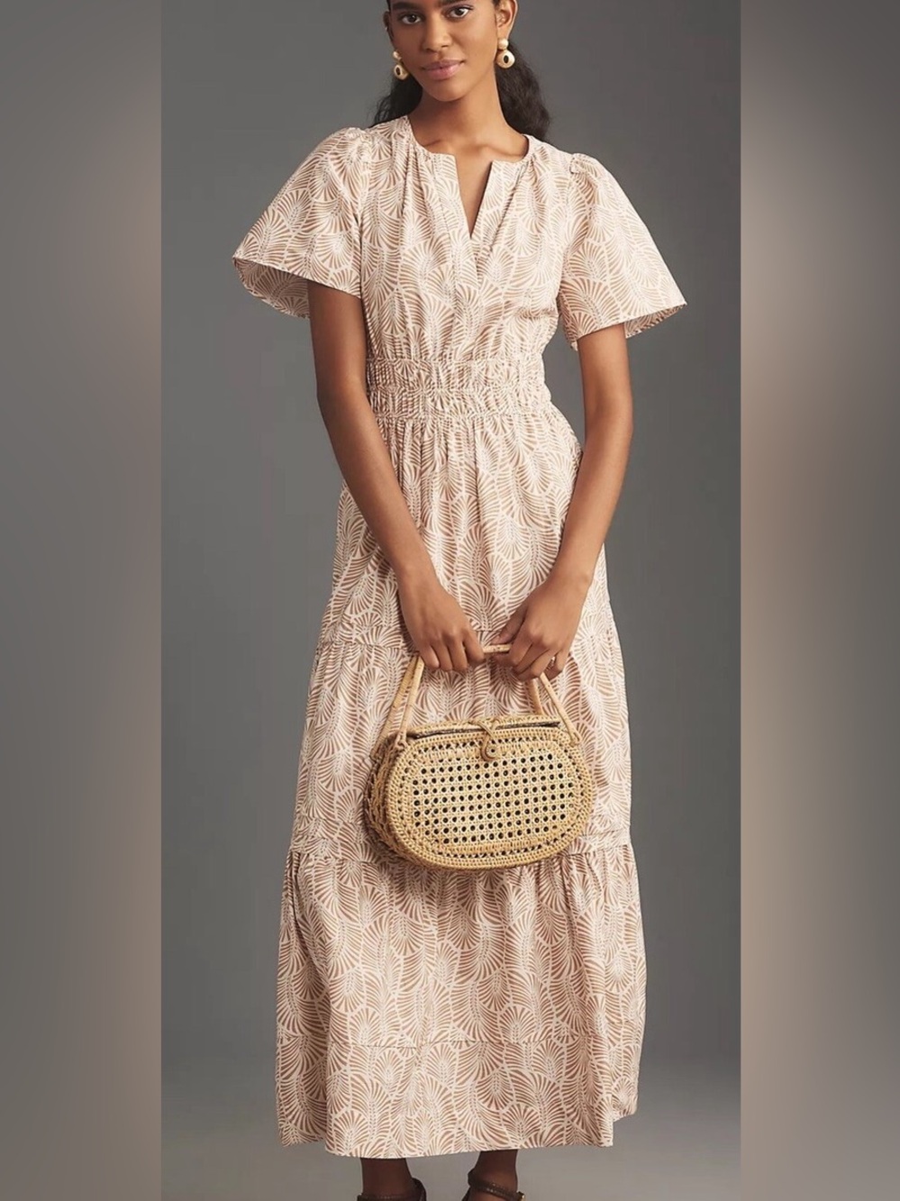 Anthropologie Somerset Maxi Dress with Smock Waist Flutter Sleeve Leaf Print Sm